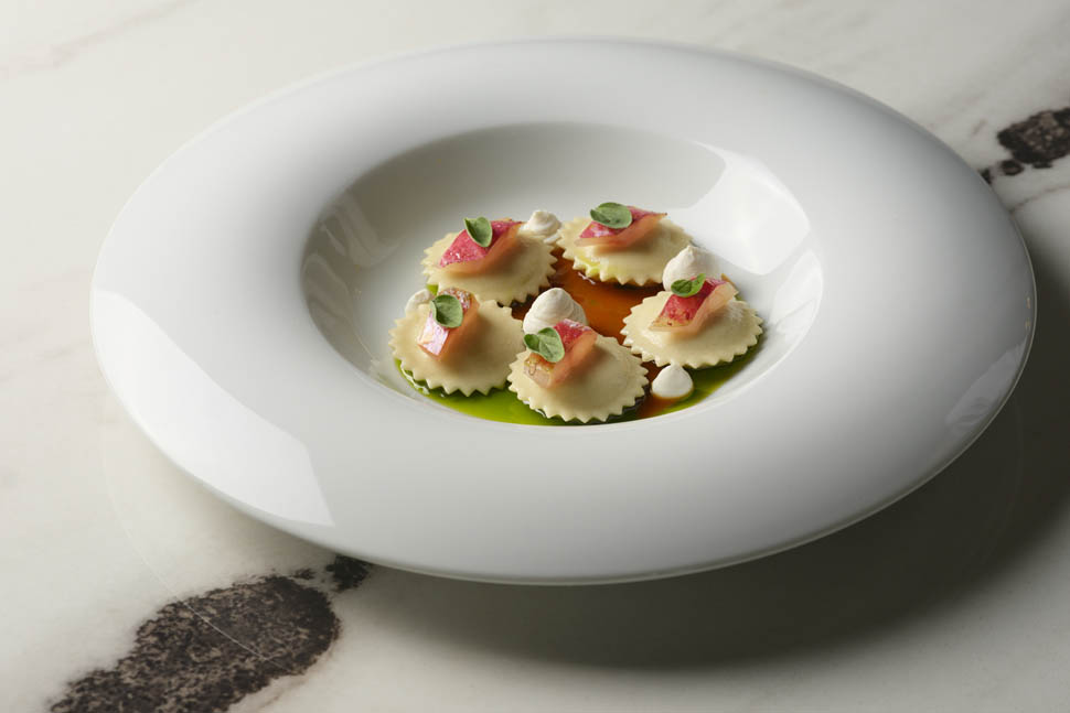 Anantara Convento di Amalfi Grand Hotel Dei Cappuccini Restaurant Caprese ravioli seared red mullet and kimchi sauce