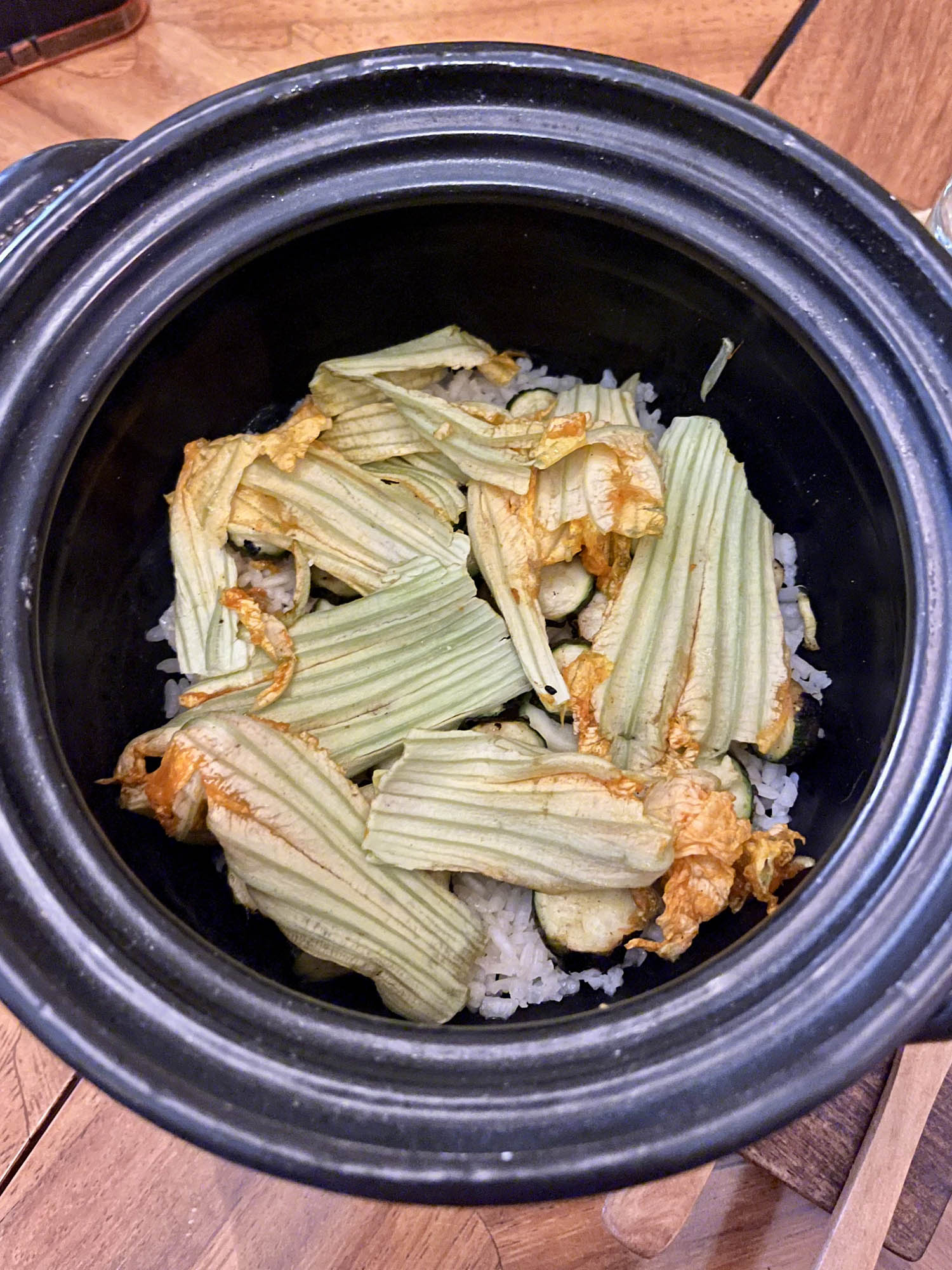 Arroz flor de calabacin mejillones Huniik