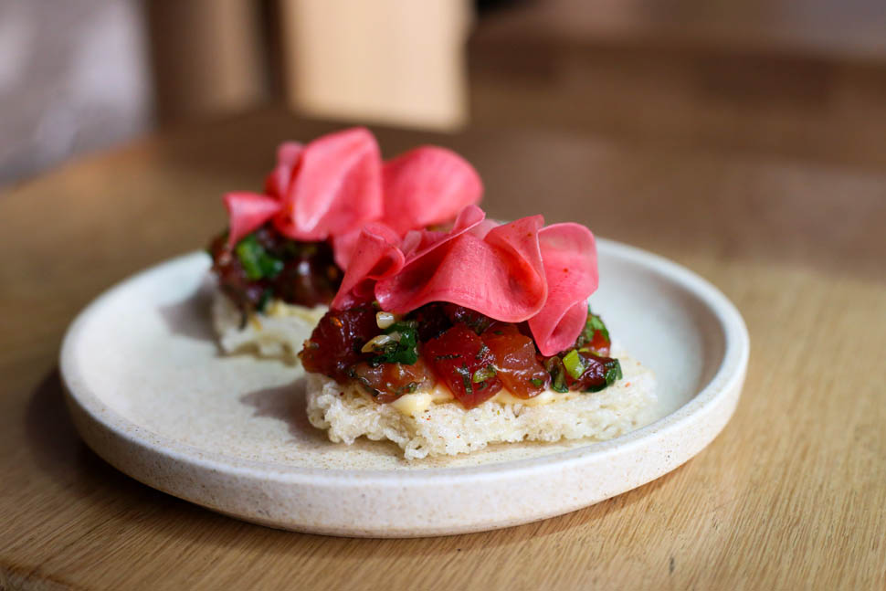 Aru Yellowfin Tuna Fried Rice Noodle Watermelon Radish Shiso