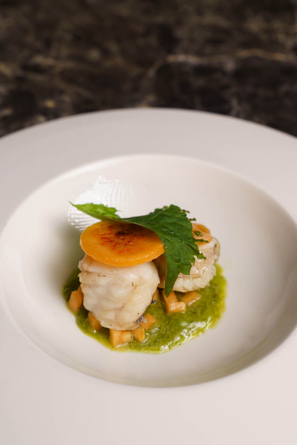Cernia confit melone caramellato shiso