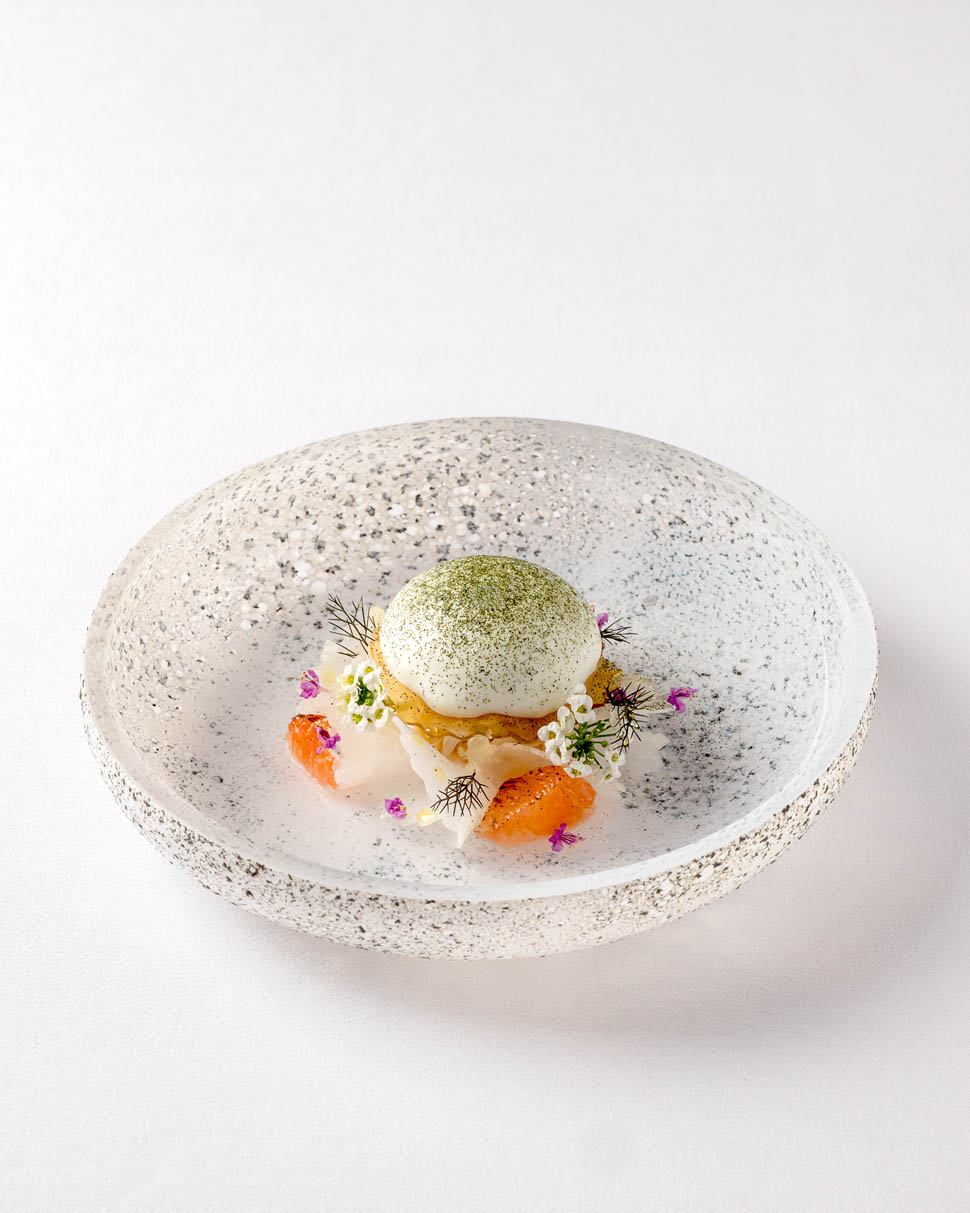 Crab from Davrik Cornwall With pink grapefruit turnip sheep s curd and gyokuro