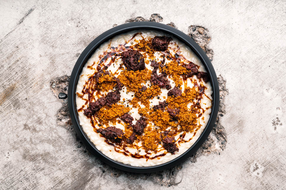 Riso mortadella di milza marsala caciocavallo e pano tostato