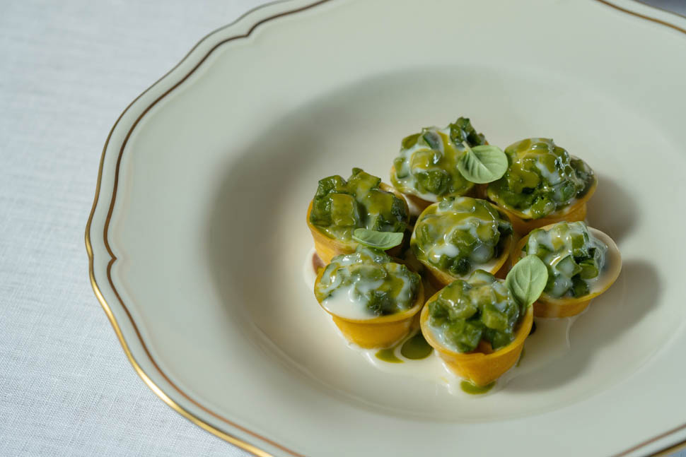 Smoked ricotta tortelli with zucchini mint and Parmigiano Reggiano sauce