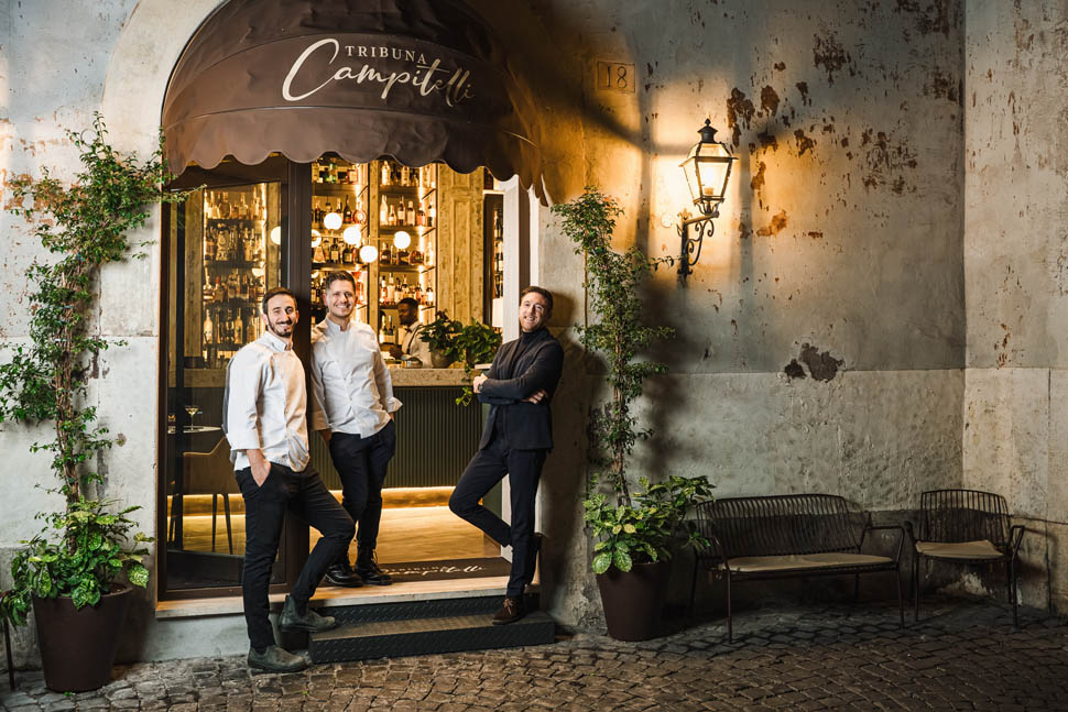 Soci proprietari Francesco Brandini chef Roberto Bonifazi chef e Daniele Gizzi martire e sommelier Tribuna Campitelli ph Marco Scichilone KZ36098 web