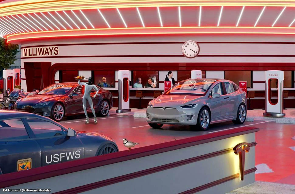Tesla Diner and Supercharger station render by Ed Howard via Twitter
