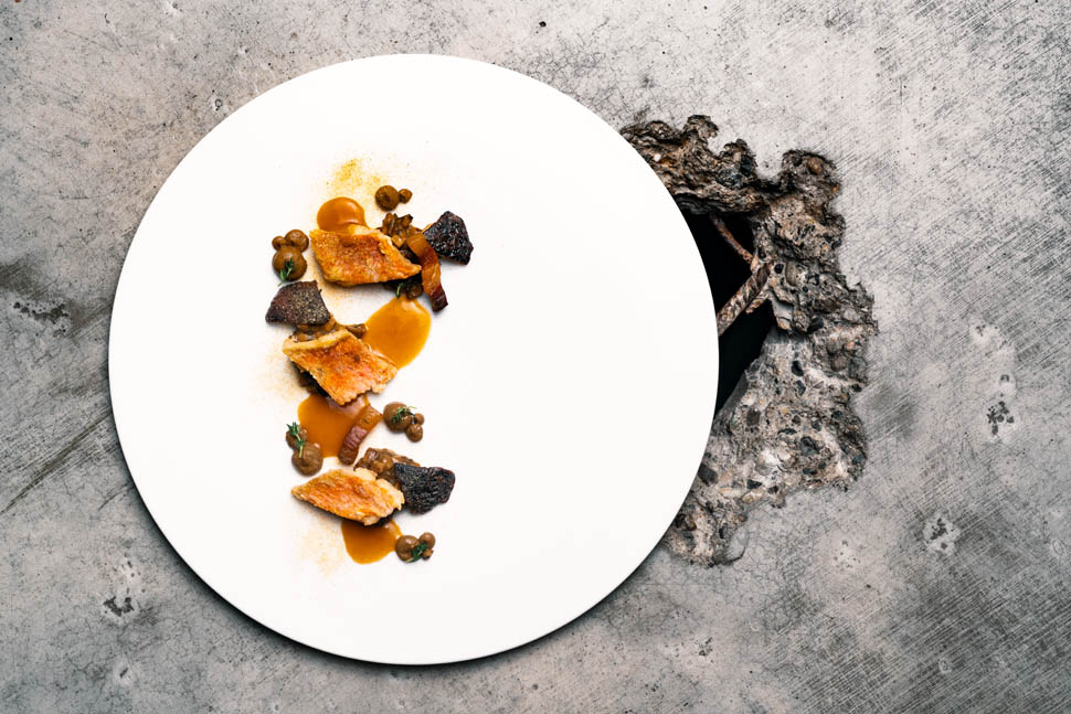 Triglia porcini arrosto e guanciale vecchio