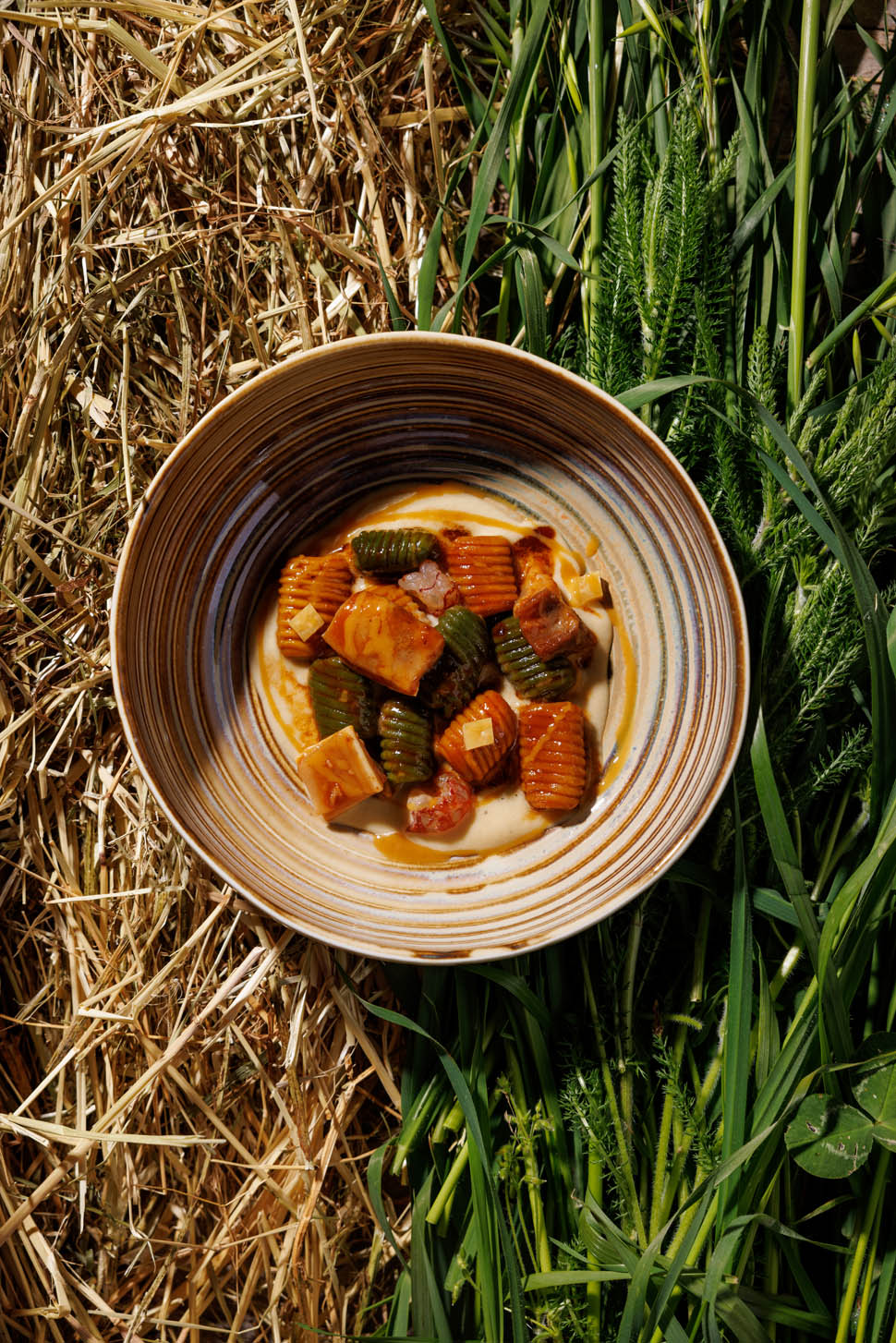 giulio gligli Cavatelli paglia e fieno orecchie di maiale spuma di lenticchie di Colfiorito e gamberi di fium