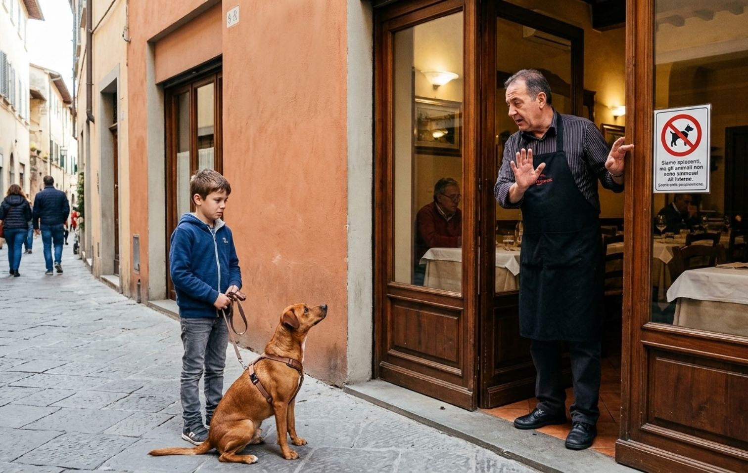 copertina bambino con cane guida al ristorante