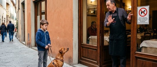copertina bambino con cane guida al ristorante