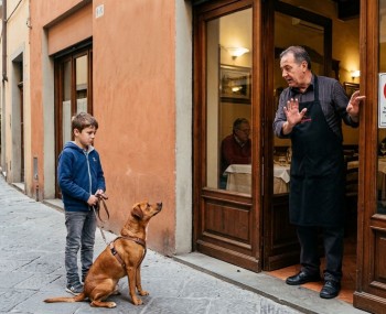 copertina bambino con cane guida al ristorante