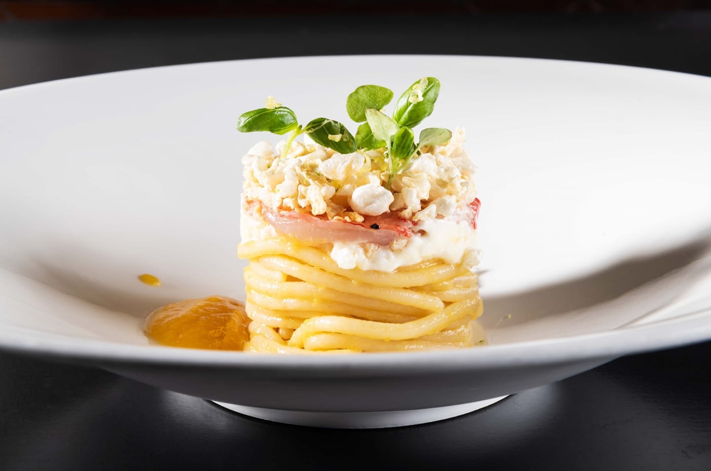 Spaghettone with Yellow Tomato, Shrimp, Burrata, and Puffed Pork Rind | Cristoforo Trapani | Chef Re