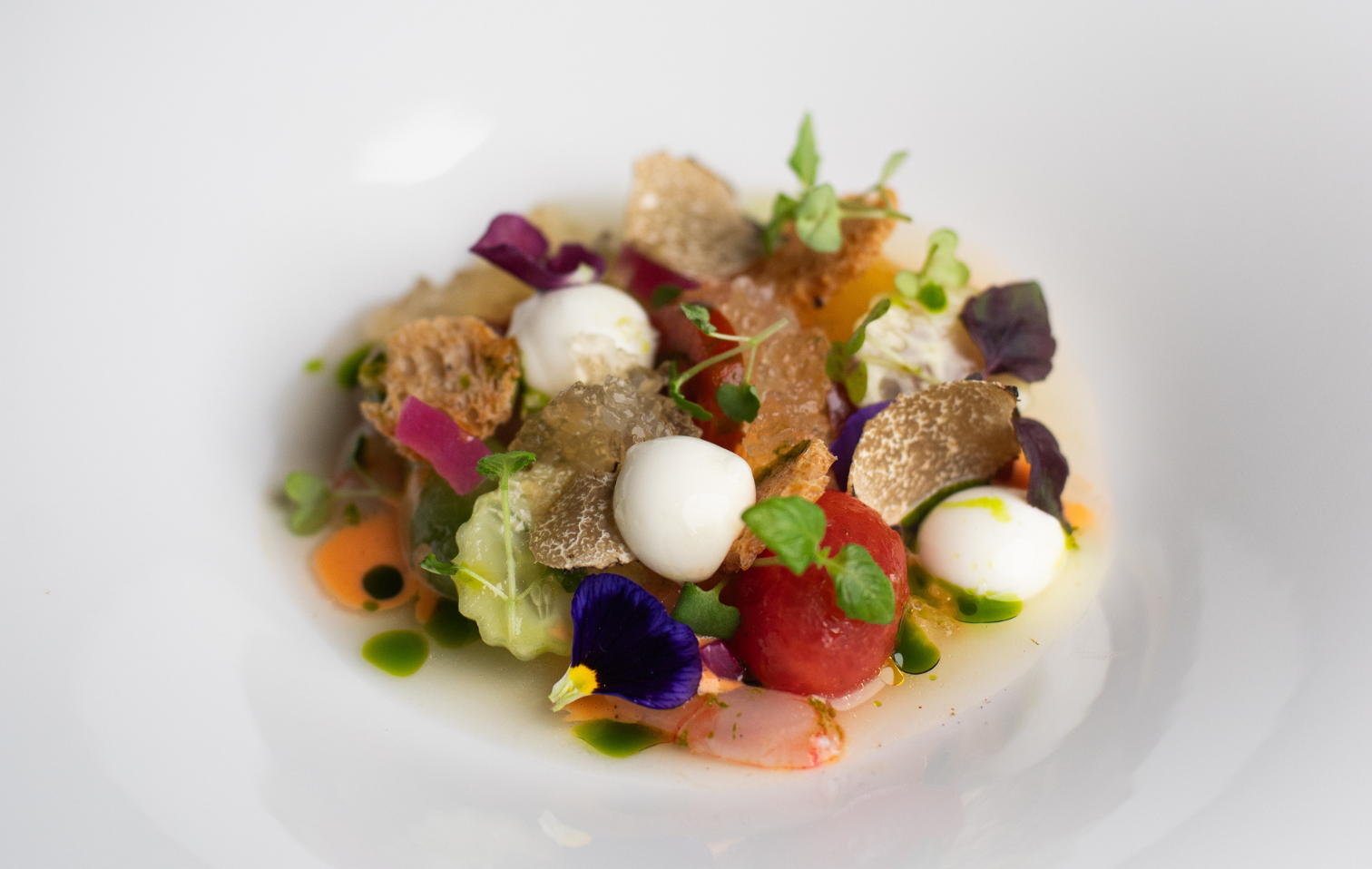 Villasimius raw shrimp, "aquasale", burrata, summer truffle by Tommaso Sanguedolce | Chef Recipes | 