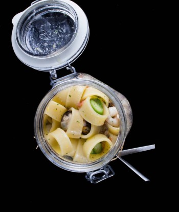 calamarata pasta with seafood and asparagus