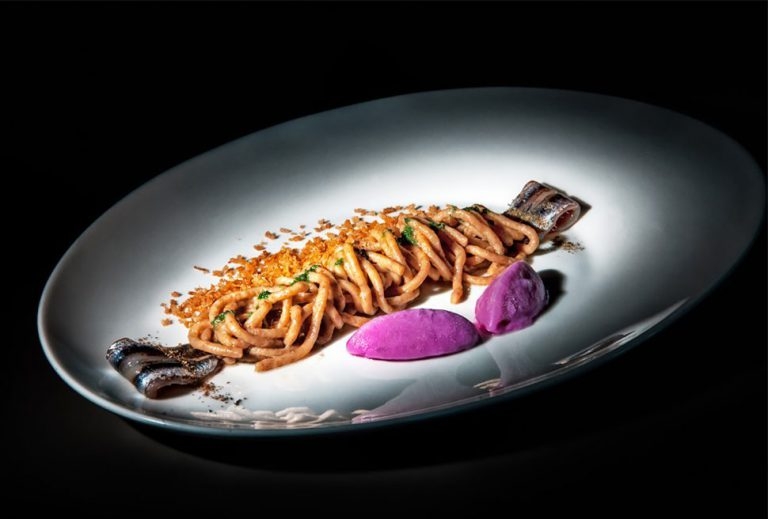 Whole wheat bigoli pasta with anchovy sauce, marinated anchovies, and onion ice cream | Chef Recipes