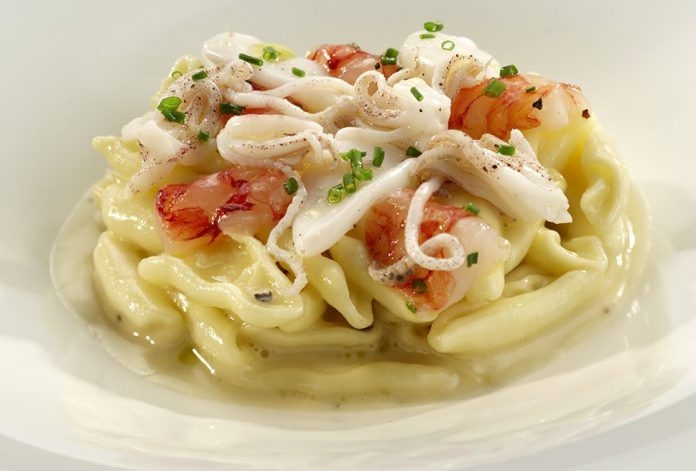 Cavatelli with Cacio e Pepe, Marinated Red Shrimp, and Baby Squids | Vito Mollica | Chef Recipes | R