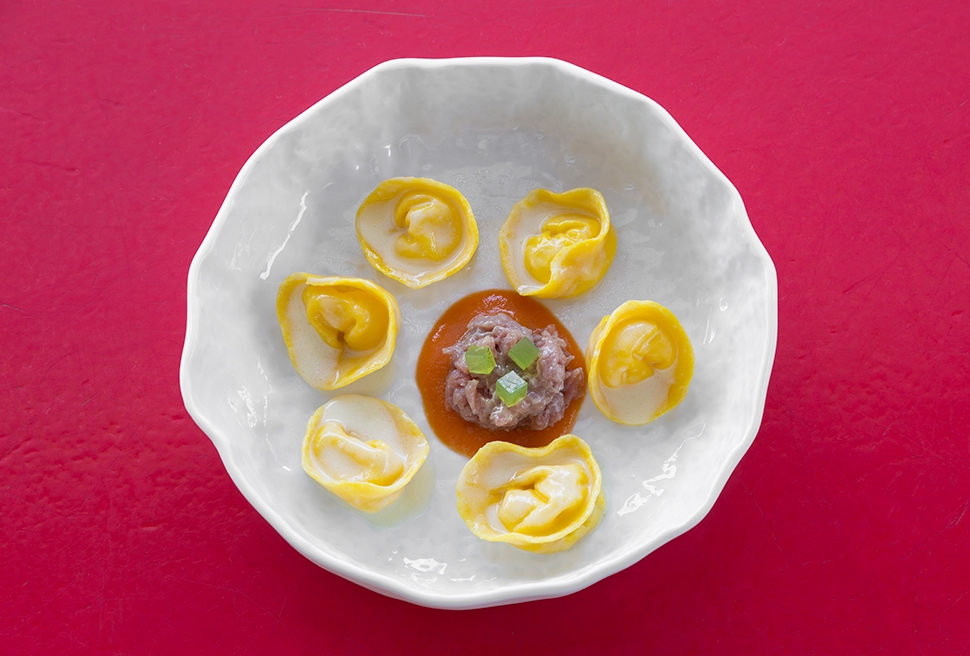 Tortellini with Parmigiano Reggiano with tomato sauce and raw meat | Moreno Cedroni | Chef Recipes |