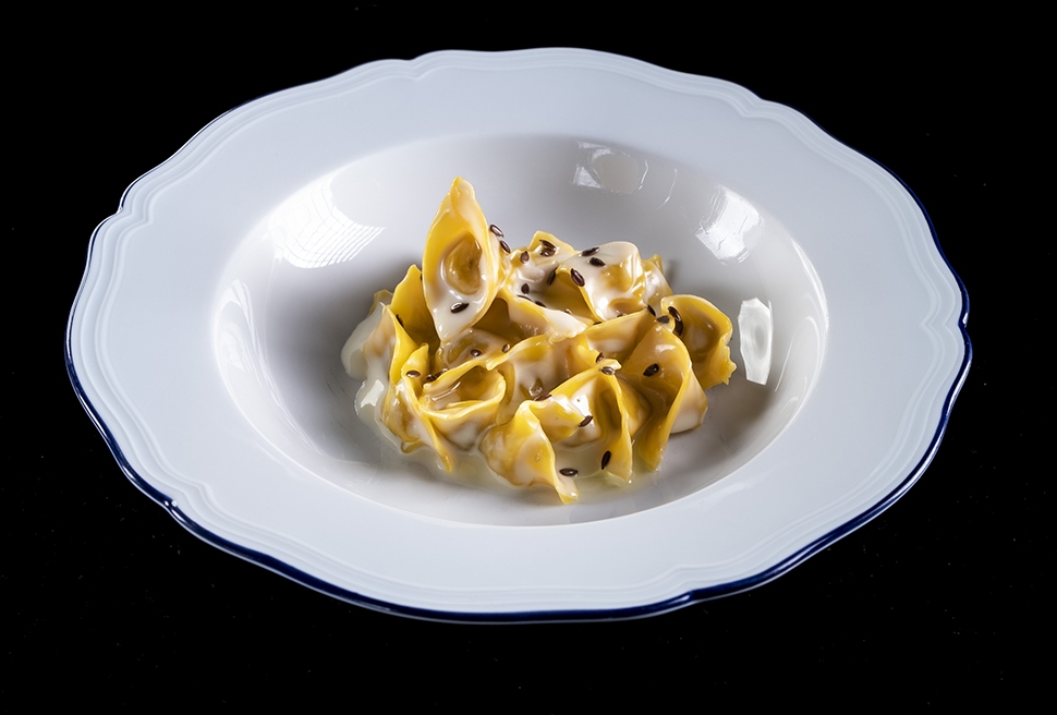 Tortellini stuffed with chicken, mustard, bagòss cheese, flaxseed | Riccardo Camanini | Chef Recipes
