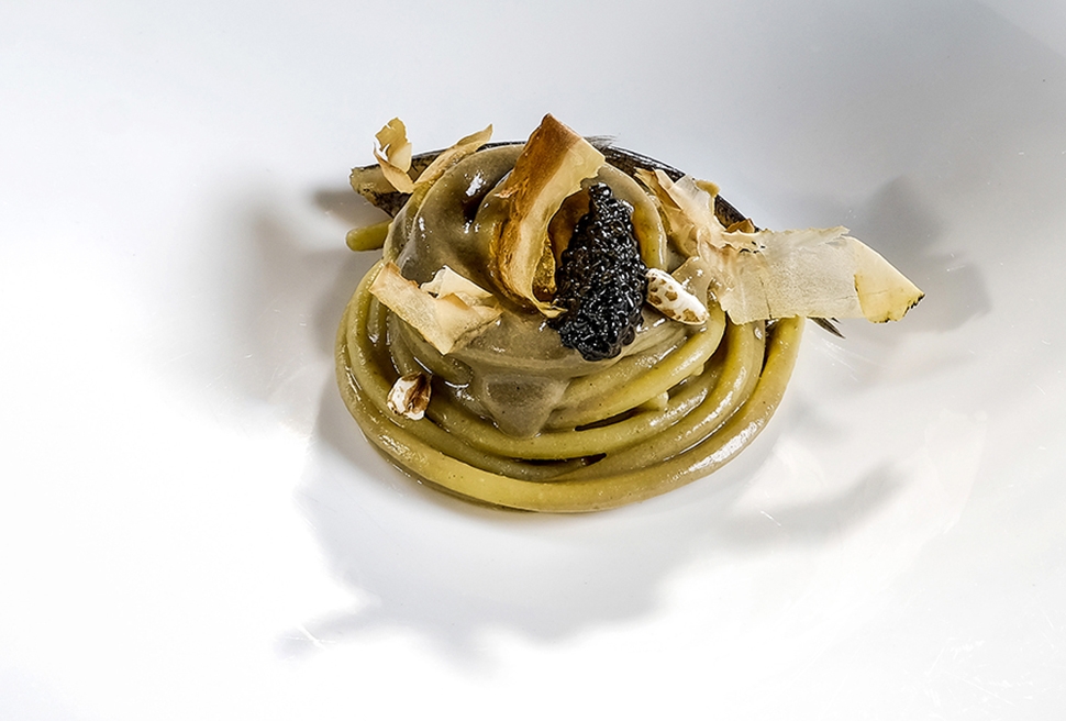 Spaghettoni with anchovies, burrata water, umeboshi, and caviar | Valentino Cassanelli | Chef Recipe