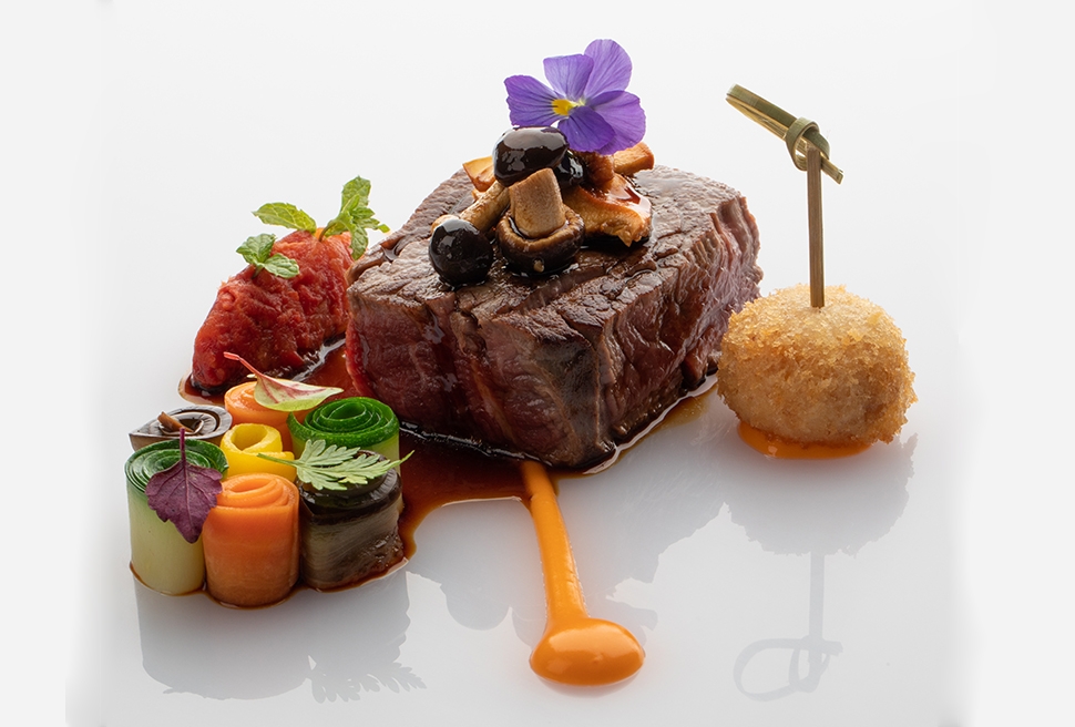 Fassona tataki with San Marzano tomato, ratatouille and potato and tabasco croquette | Chef Recipes 