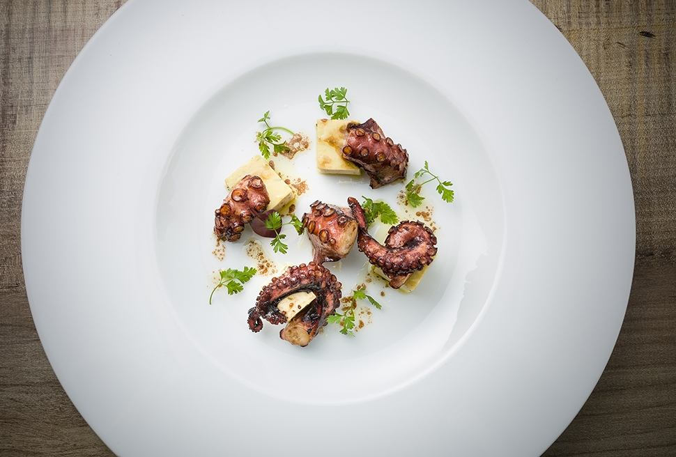 Octopus roasted in balsamic squid and chickpeas scented with saffron and herbs | Chef Recipes | Repo