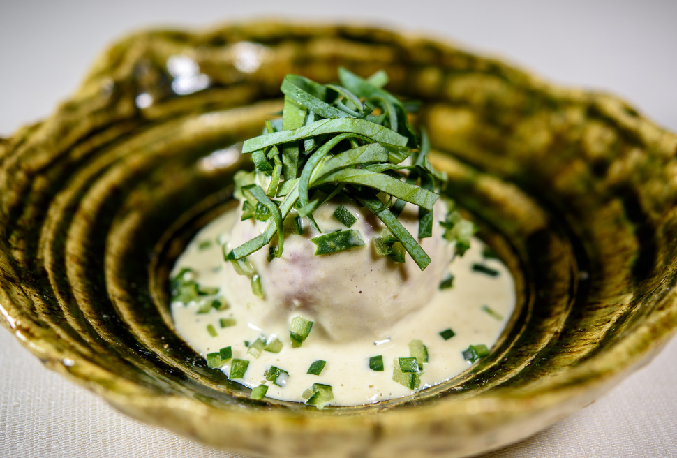 Soft-boiled Fassona egg, Brittany oyster sauce, cucumber brunoise, oyster leaf | Chef Recipes | Repo