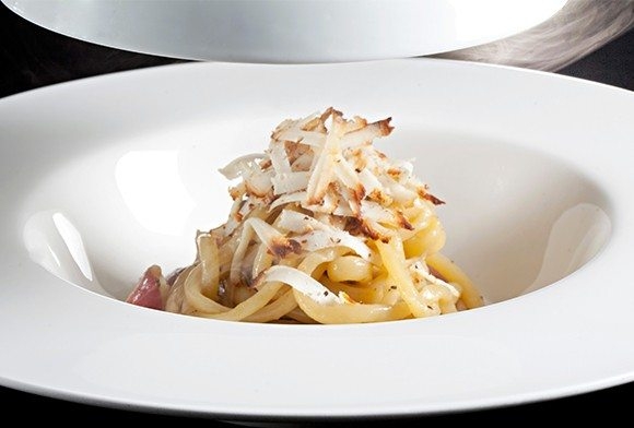 Hand-pulled pici with hare quick sauce, roasted salted ricotta cheese | Filippo Saporito | Chef Reci