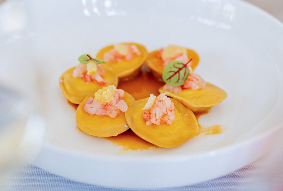 Bottoni di grano arso (burnt wheat pasta), buffalo ricotta, lemon, red shrimp | Pasquale T | Chef Re