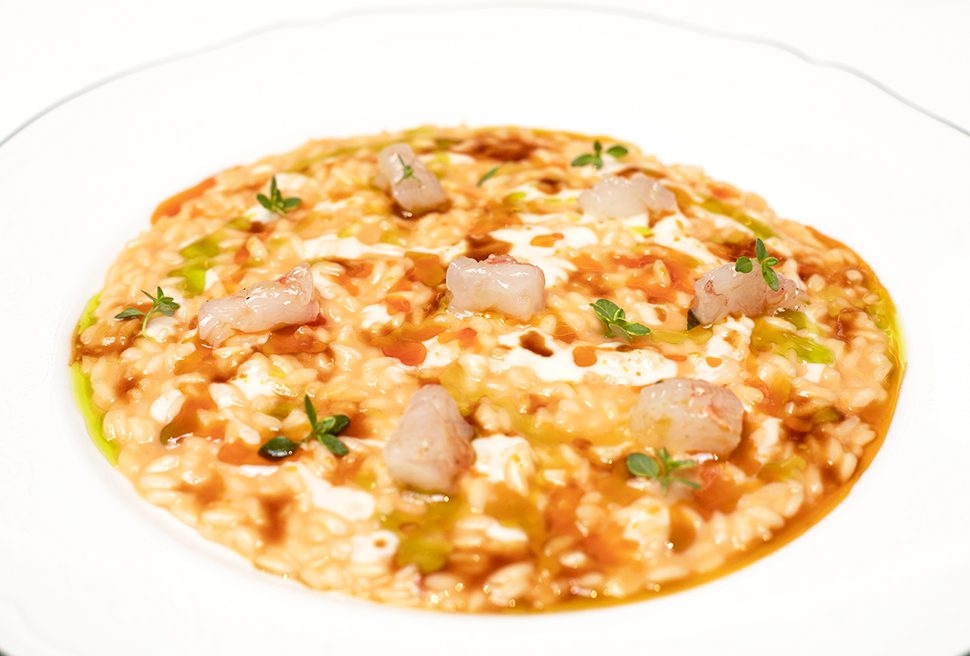 Risotto caprese with basil marinated scampi | Vito Mollica | Chef Recipes | Reporter Gourmet S.r.l.