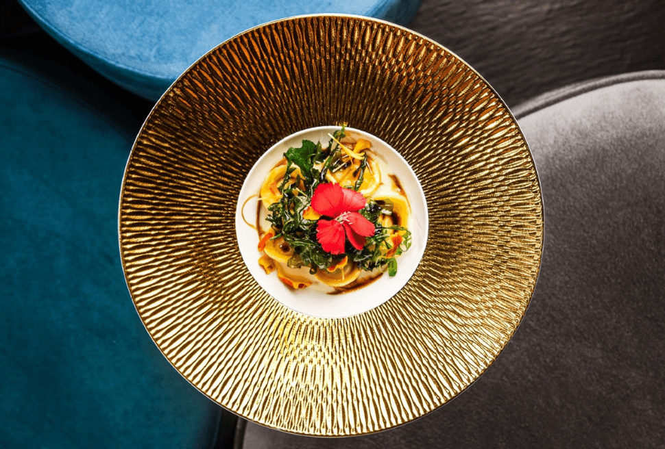 Tortello di mortadella, Parmigiano cream and fried arugula | Andrea Fusco | Chef Recipes | Reporter 