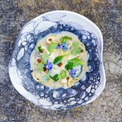 Alex e Vittorio Manzoni LINGUINE BAGNA CAUDA OSTRICHE ROSA GINEPRO ERBE E FIORI SPONTANEI