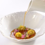 9 Martin Beratasegui Paolo Casagrande Pickled foie gras on a light chicken consomme golden Spring onion and crunchy vegetables 1