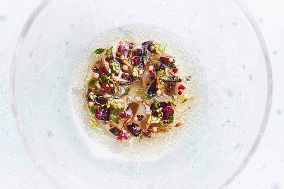 03 Rasmus Kofoed Lightly Pickled Celeriac with Sol Dried Mussels Aromatic Seeds 2 PRINT Photo Credit Claes Bech Poulsen