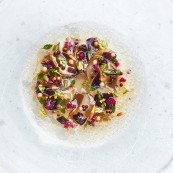 03 Rasmus Kofoed Lightly Pickled Celeriac with Sol Dried Mussels Aromatic Seeds 2 PRINT Photo Credit Claes Bech Poulsen