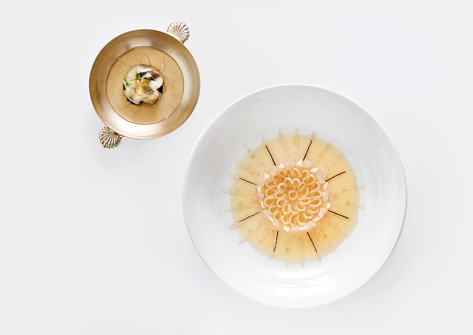 14 Gerald Passedat the corolla of Saint Pierre and matured capon sprinkled with a tuna broth turnip and cuttlefish seasoned with antique garum